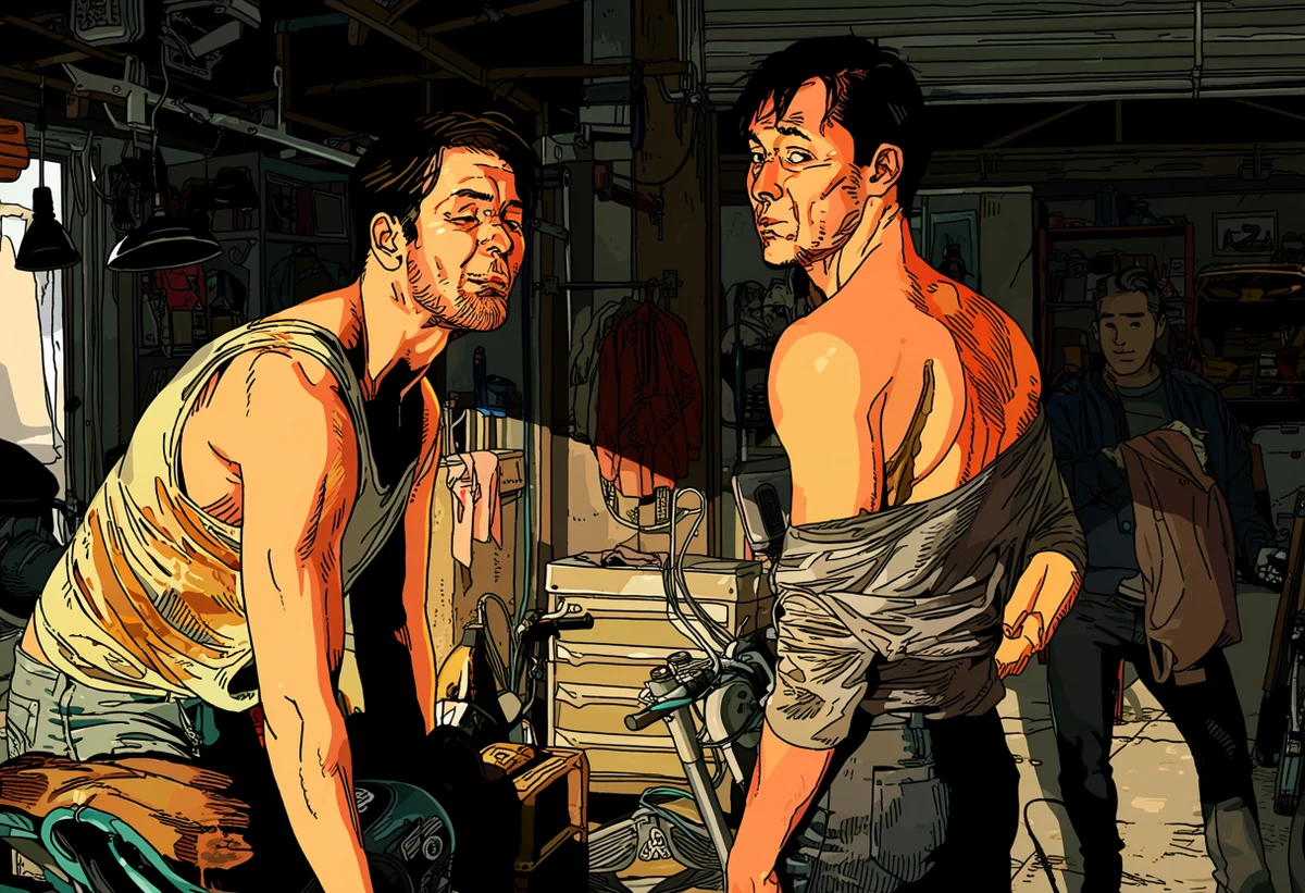 two adult men age 36 and 31 in a motorcycle garage after dark, an oil-stained tank top pulled off, hanging work lamp, amber shadows, explicit gay adult manhwa art style