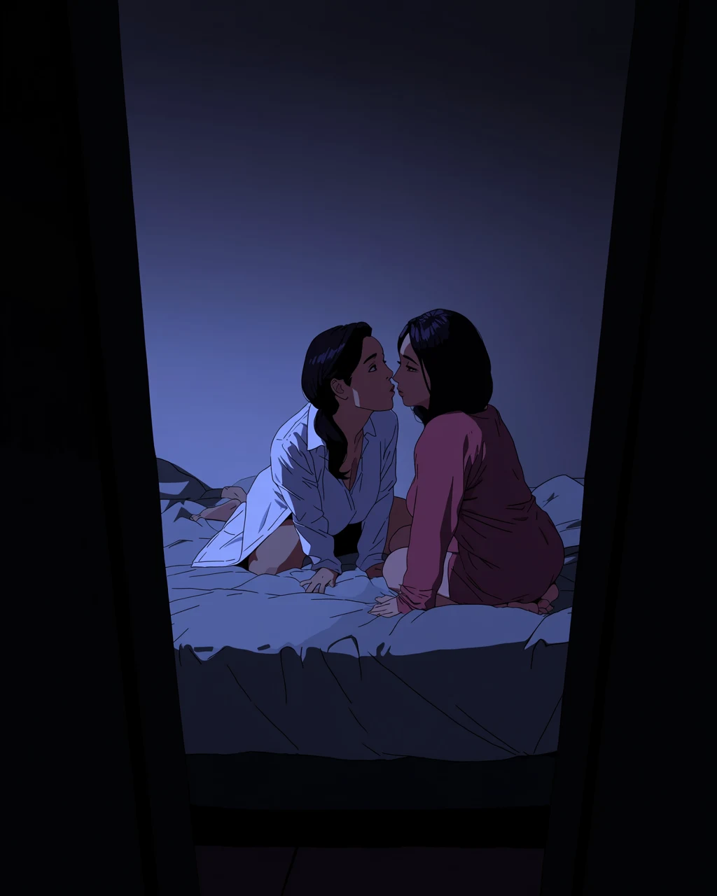 an adult partner age 32 kneeling on the bed toward the viewer, first person point of view framing, eye contact with the lens, low light, explicit adult manhwa art style