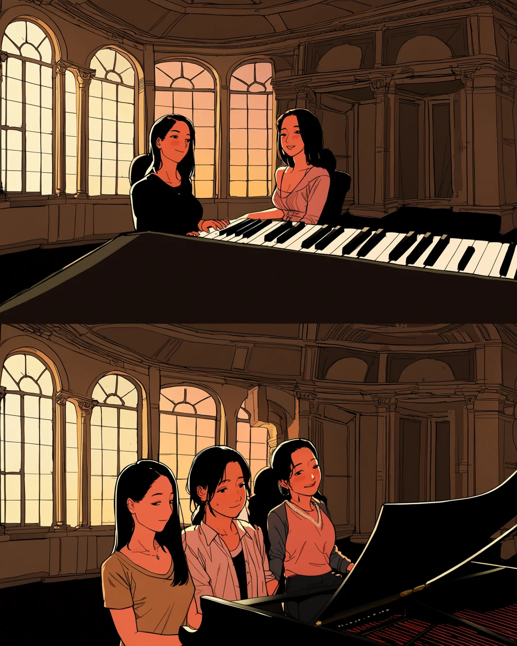 an adult woman age 51 at a piano in an empty conservatory with her adult partner behind her, hands over hands, late afternoon light, mature adult manhwa art style