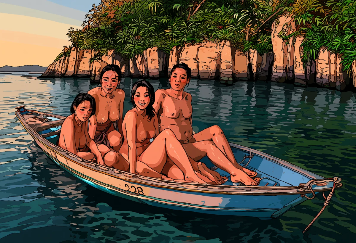 a Thai adult couple age 32 and 37 alone on a longtail boat anchored in an Andaman cove at sunset, salt-damp skin, limestone cliffs, explicit adult illustration