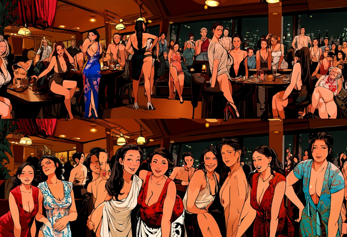an adult woman age 32 in an unfastened qipao beside her adult partner in a smoky 1930s Shanghai jazz lounge, brass lamps, adult manhua art style