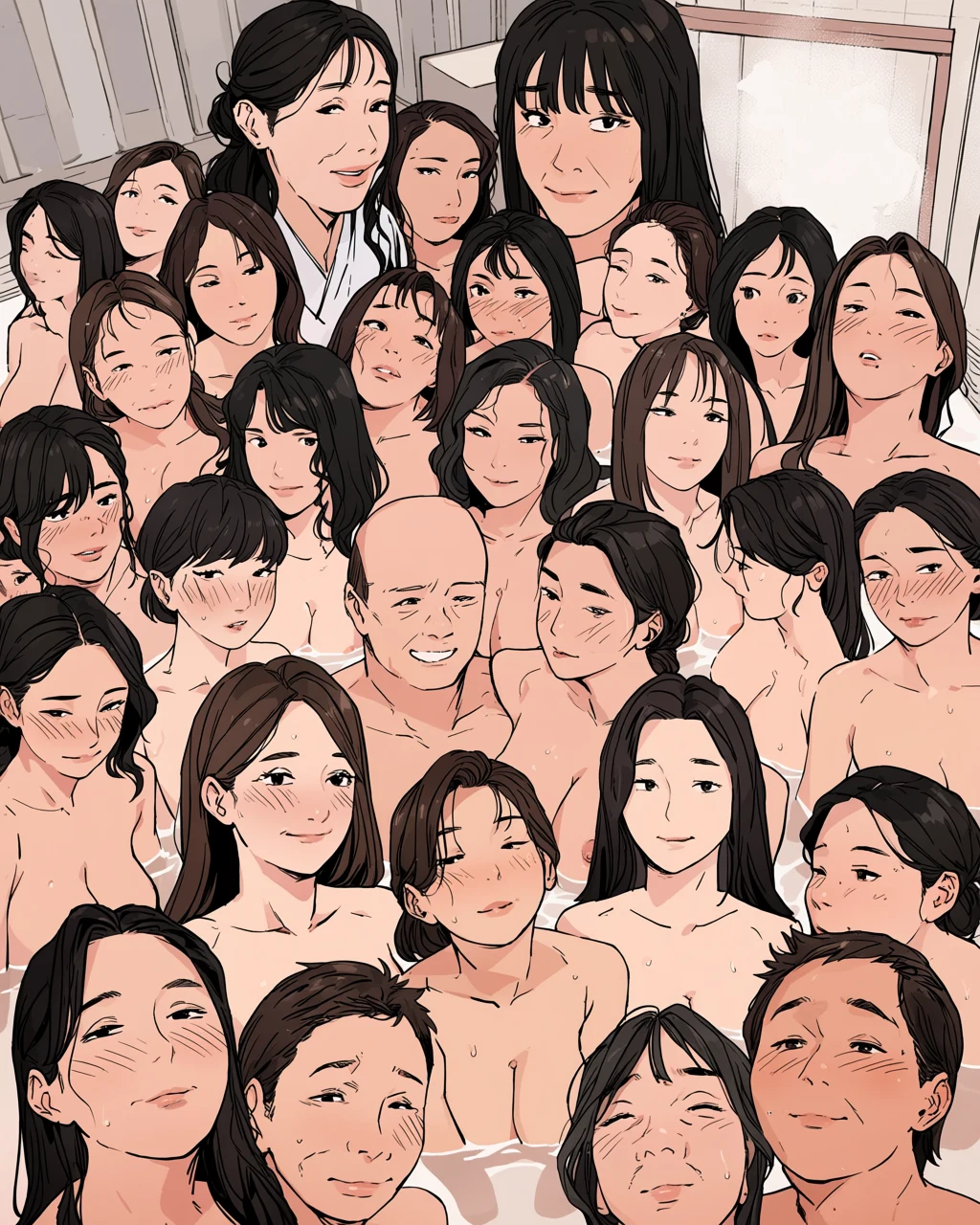 an adult character age 32 seeing their pre-change self reflected in bathwater, steam, quiet self-acceptance, adult gender bender manhwa art style