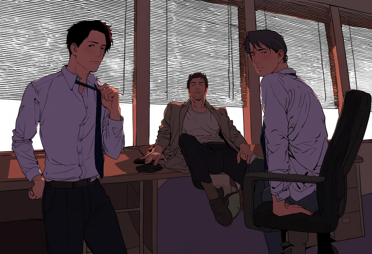 two adult men age 37 and 33 in a corporate office after hours, a tie pulled loose and a dress shirt open, one seated on the desk, blind shadows, yaoi art style